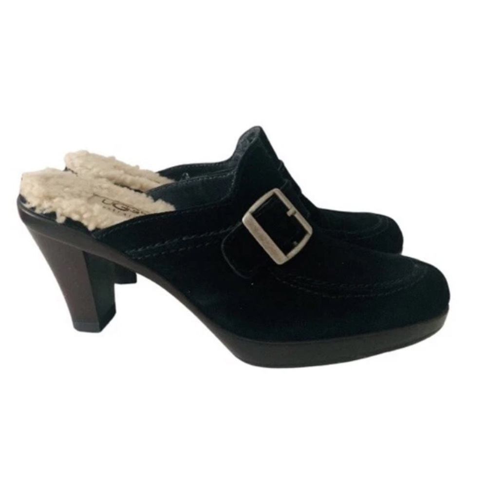 Ugg Black Suede Leather Heeled Mules Clogs Women Sz 6.5 Shearling Lined Y2K 90s